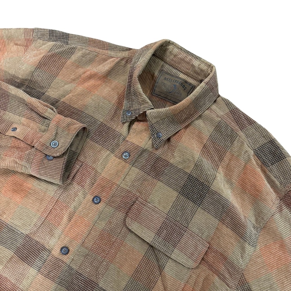 REEL LEGENDS Mens L Brown Plaid Long Sleeve Button Down Outdoor Fishing Shirt